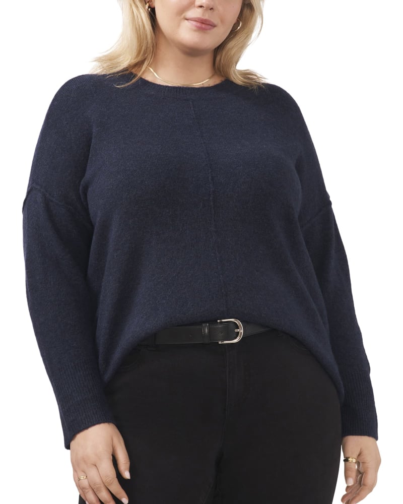 Front of a model wearing a size 1X Carrie Cozy Sweater in VINTAGE BLUE by Vince Camuto. | dia_product_style_image_id:261579